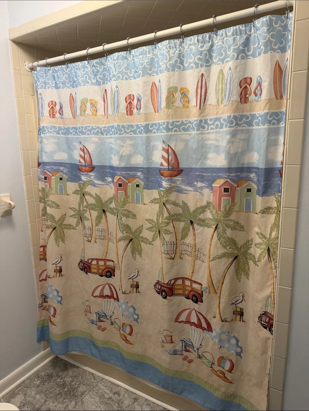 Coastal Beach Print Shower Curtain - Blue, Tan
